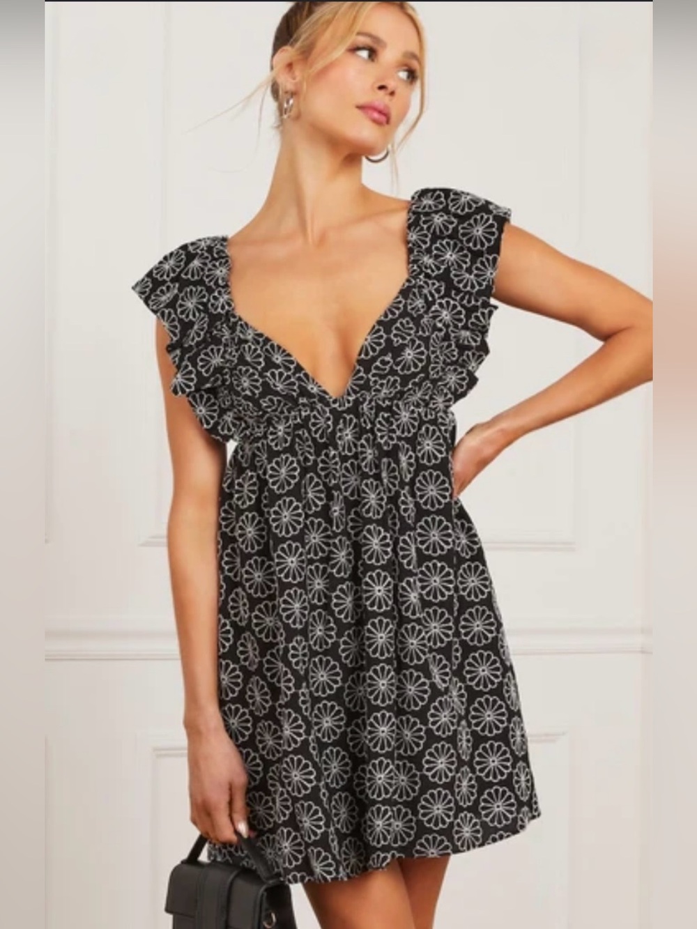 STORIA x VICI Daniela Gingham Babydoll Mini Dress Black Floral Small